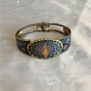 Peacock Design Gold and Multicolor Enamel Bracelet